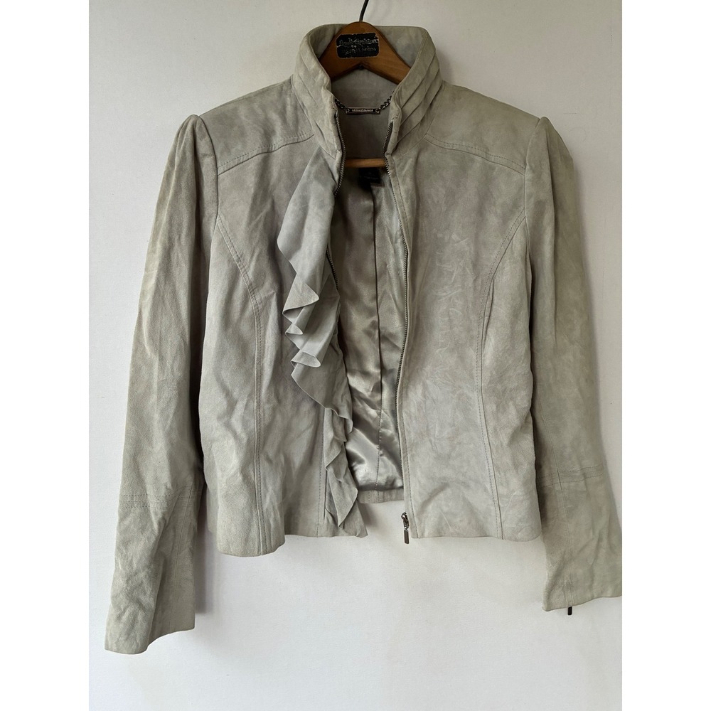 White House Black Market Gray Suede Ruffle Front Zip Jacket Womens Medium